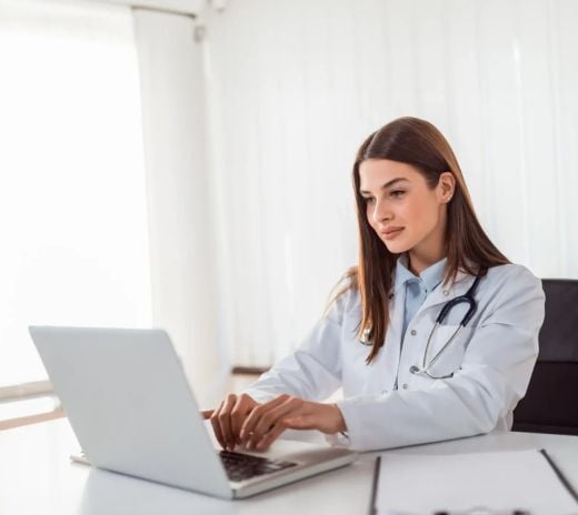 A female doctor focused on her laptop, engaged in work or research in a medical setting